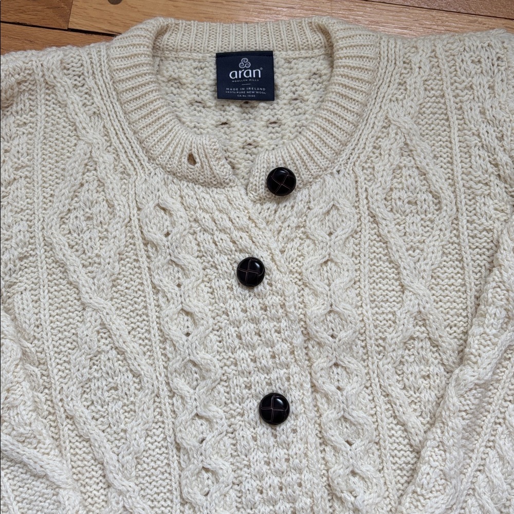 Aran Cardigan Cable Knit Sweater Pockets L - Picture 6 of 10